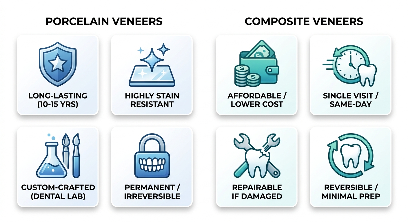 Side-by-side comparison infographic of porcelain and composite veneers with icons and labels: porcelain benefits include long-lasting (shield), stain resistant (sparkle), custom crafted (lab), permanent (lock); composite benefits include affordable (wallet), same-day (one-step), repairable (wrench), reversible (circular arrow).