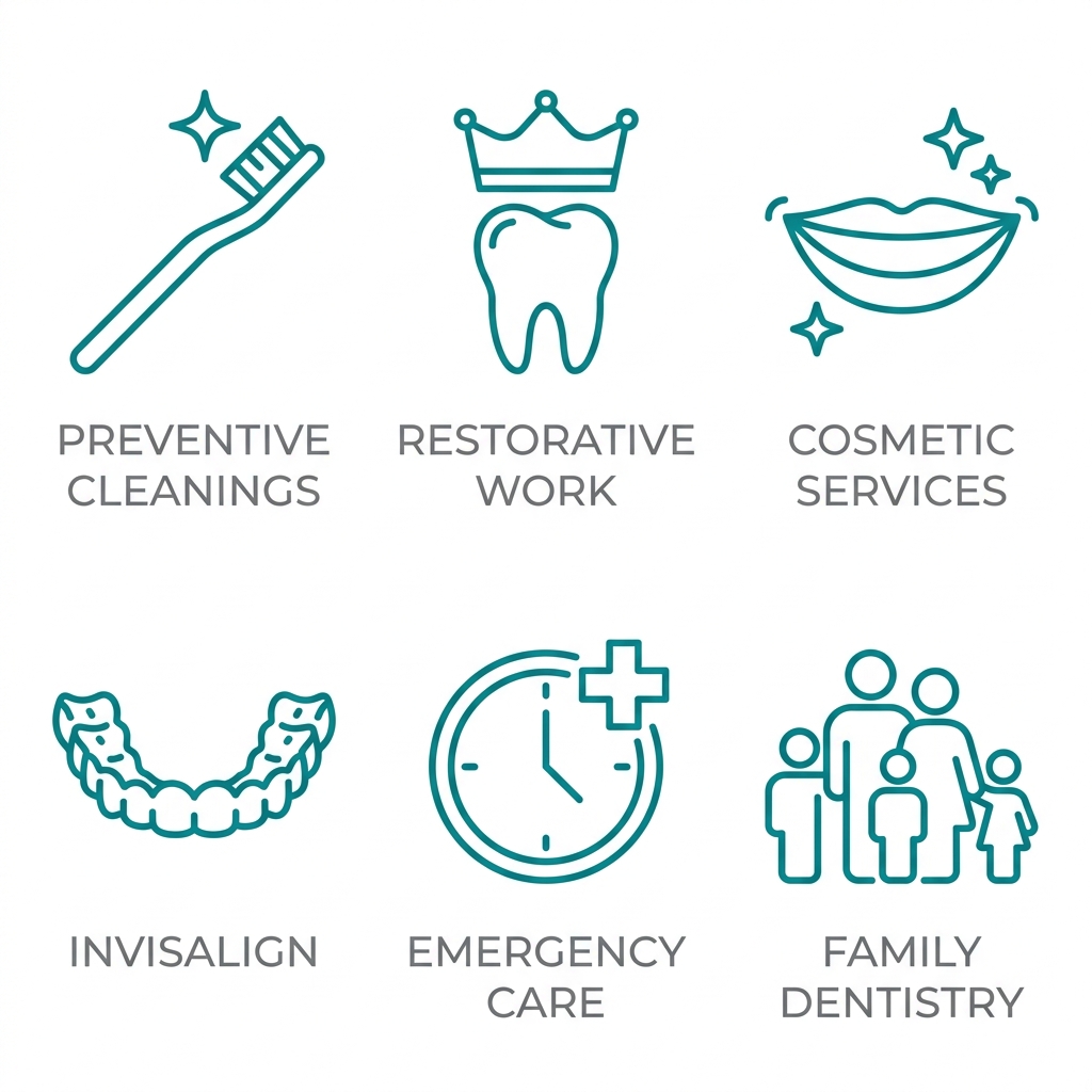 Six outline icons on a white grid representing dental services