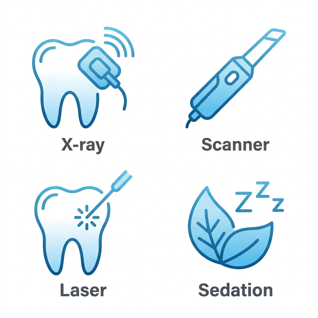 Four dental technology icons: digital X-ray, intraoral scanner, laser dentistry, and sedation option