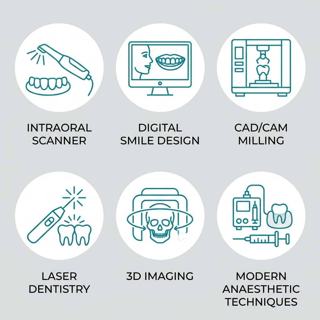 Six outline icons representing advanced dental technologies: intraoral scanner, digital smile design, CAD/CAM milling, laser dentistry, 3D imaging, and modern anaesthetic techniques, each labeled.