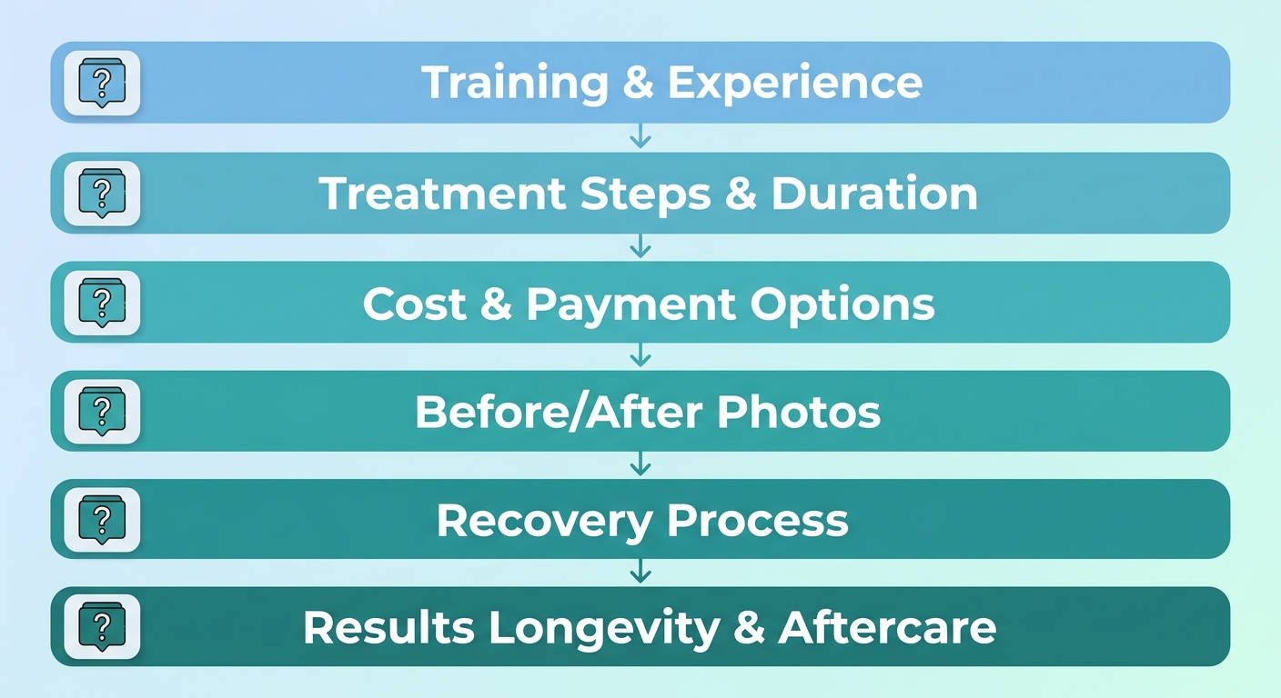 Vertical process flow diagram with six rounded rectangle stages labeled Training & Experience, Treatment Steps & Duration, Cost & Payment Options, Before/After Photos, Recovery Process, and Results Longevity & Aftercare, with downward arrows and light blue to teal gradient.