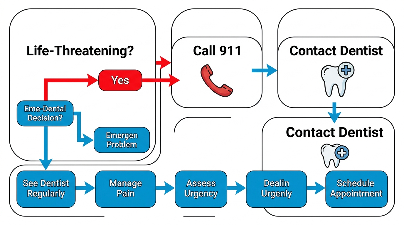 Decision flowchart for dental emergencies: life-threatening condition leads to Call 911 action with phone icon, non-life-threatening leads to Contact Emergency Dentist action with tooth icon.