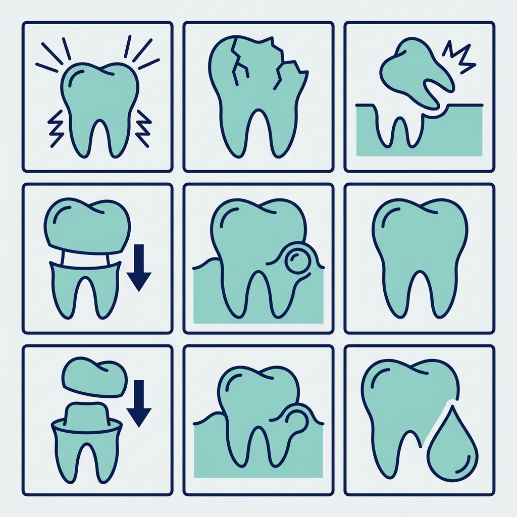 Six icons illustrating common dental emergencies at The Grove Dentistry in Port Coquitlam, including toothache, chipped tooth, knocked-out tooth, lost crown, abscess, and oral bleeding, in soft teal and navy colors.