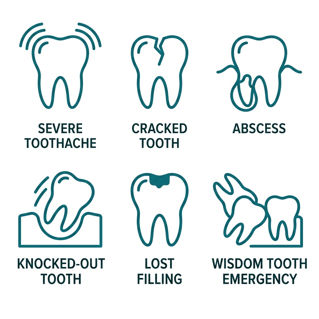 Grid of six teal outline icons for common dental emergencies with labels including severe toothache, cracked tooth, abscess, knocked-out tooth, lost filling, and wisdom tooth emergency on a white background.
