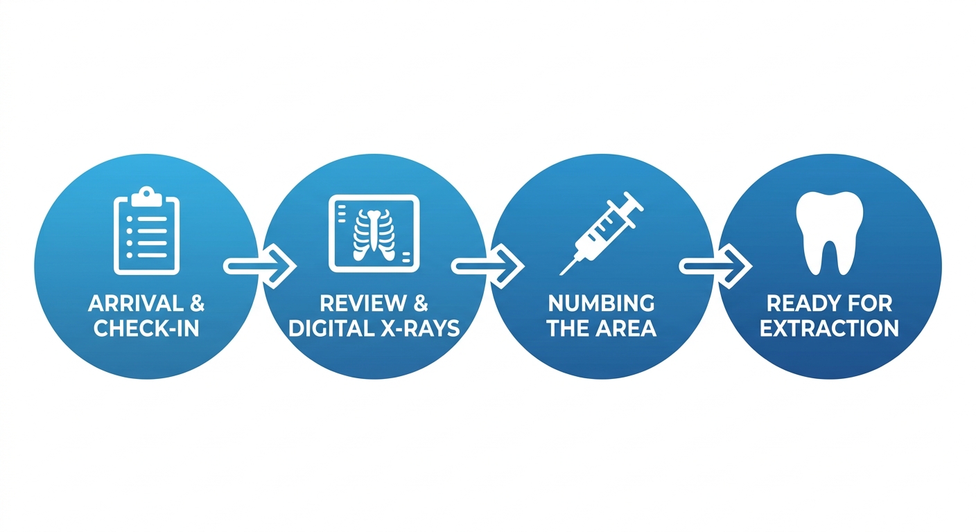 Horizontal four-step process flow showing the pre-extraction experience at The Grove Dentistry: arrival and check-in, review and digital x-rays, numbing the area, and ready for extraction on a clean white background.