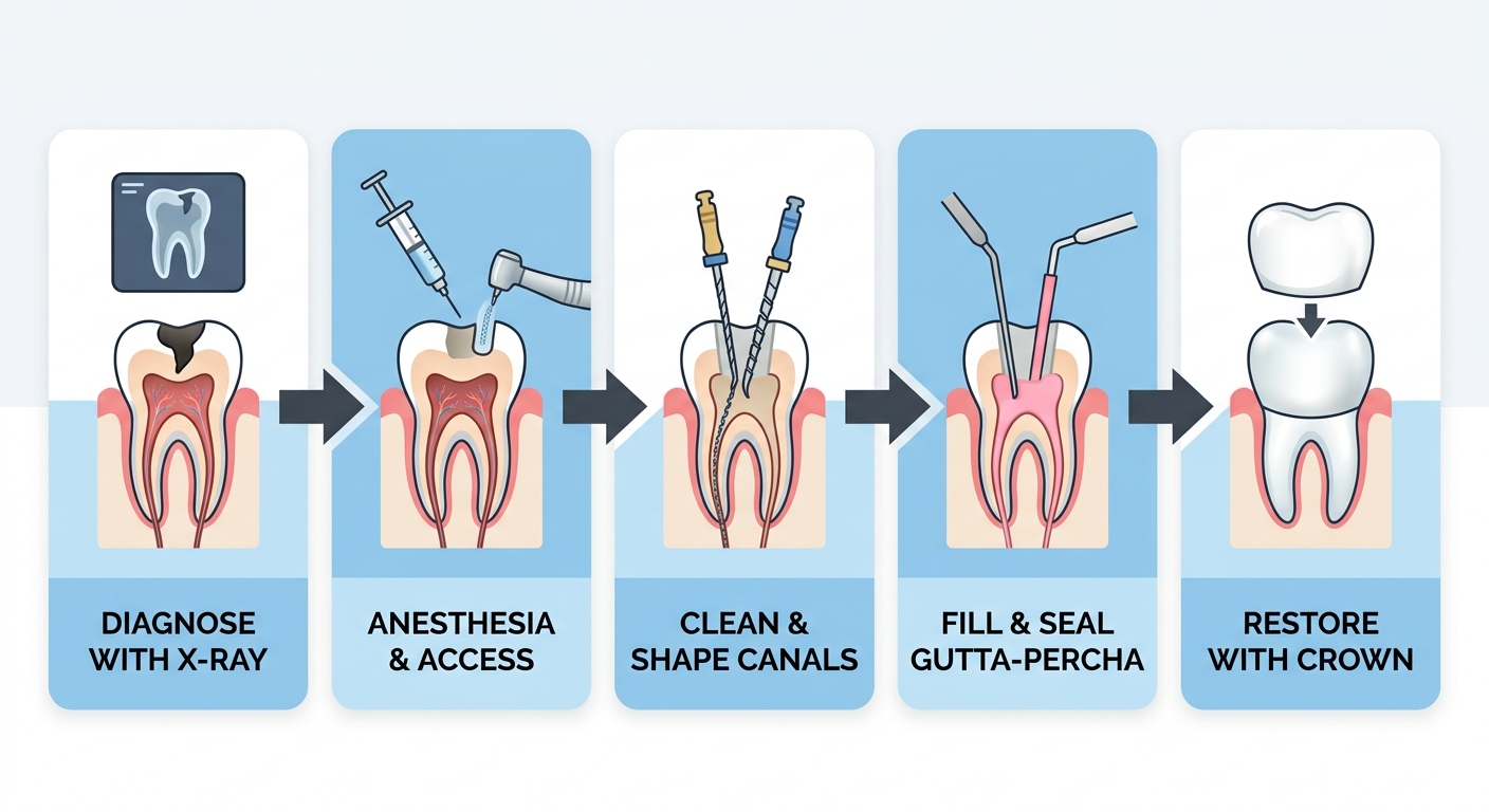 Five-stage horizontal process flow diagram showing a root canal procedure, from diagnosis to crown restoration, designed for a dental clinic website.