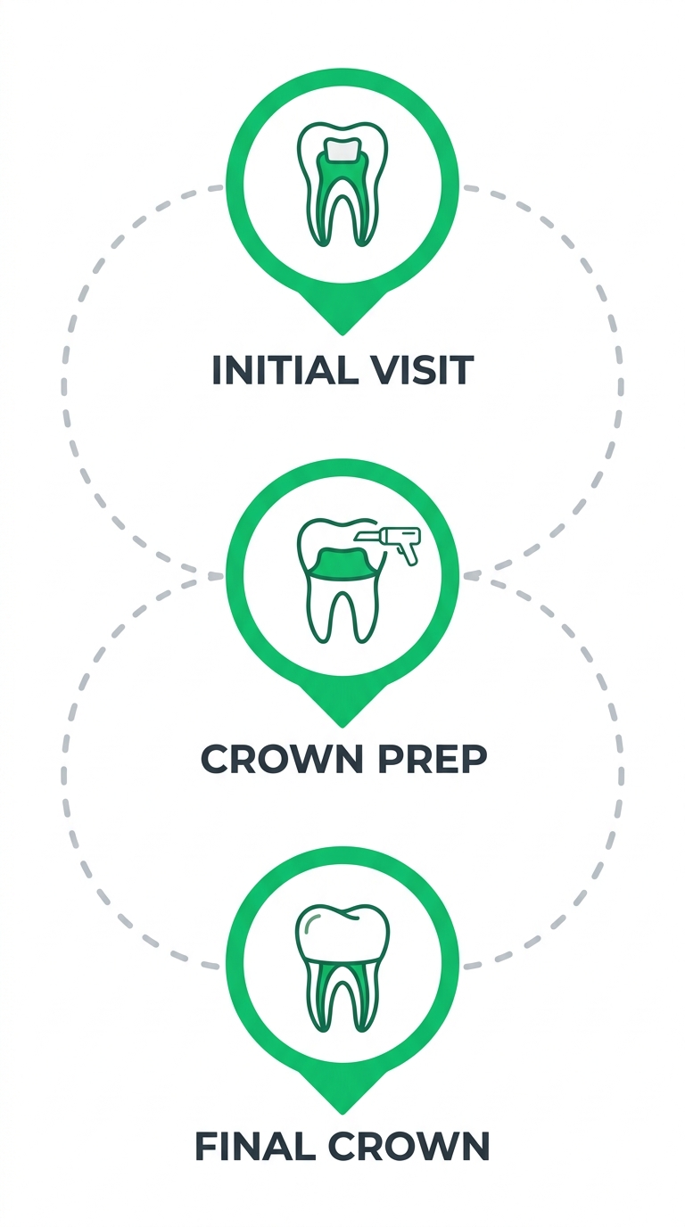 Vertical timeline showing three stages of root canal and crown treatment: initial visit, crown preparation, and final crown placement with tooth icons and calming dental-office colors