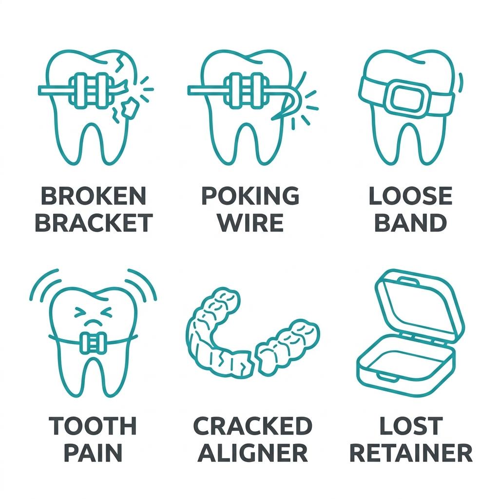 Grid of six orthodontic emergency icons: broken bracket, poking wire, loose band, tooth pain, cracked aligner, and lost retainer, each labeled in dark grey on white background.