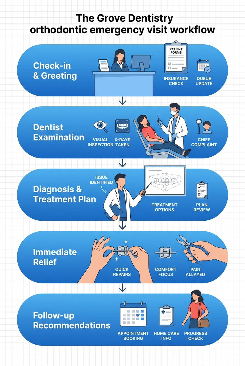 Vertical process flow of orthodontic emergency visit at The Grove Dentistry with five steps: check-in and greeting, dentist examination, diagnosis and treatment plan, immediate relief, and follow-up recommendations, connected by descending arrows.