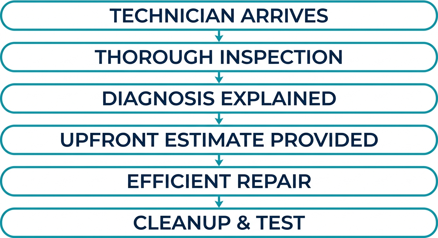 Six-step vertical process flow showing the commercial refrigeration repair customer experience, from technician arrival to cleanup and test.