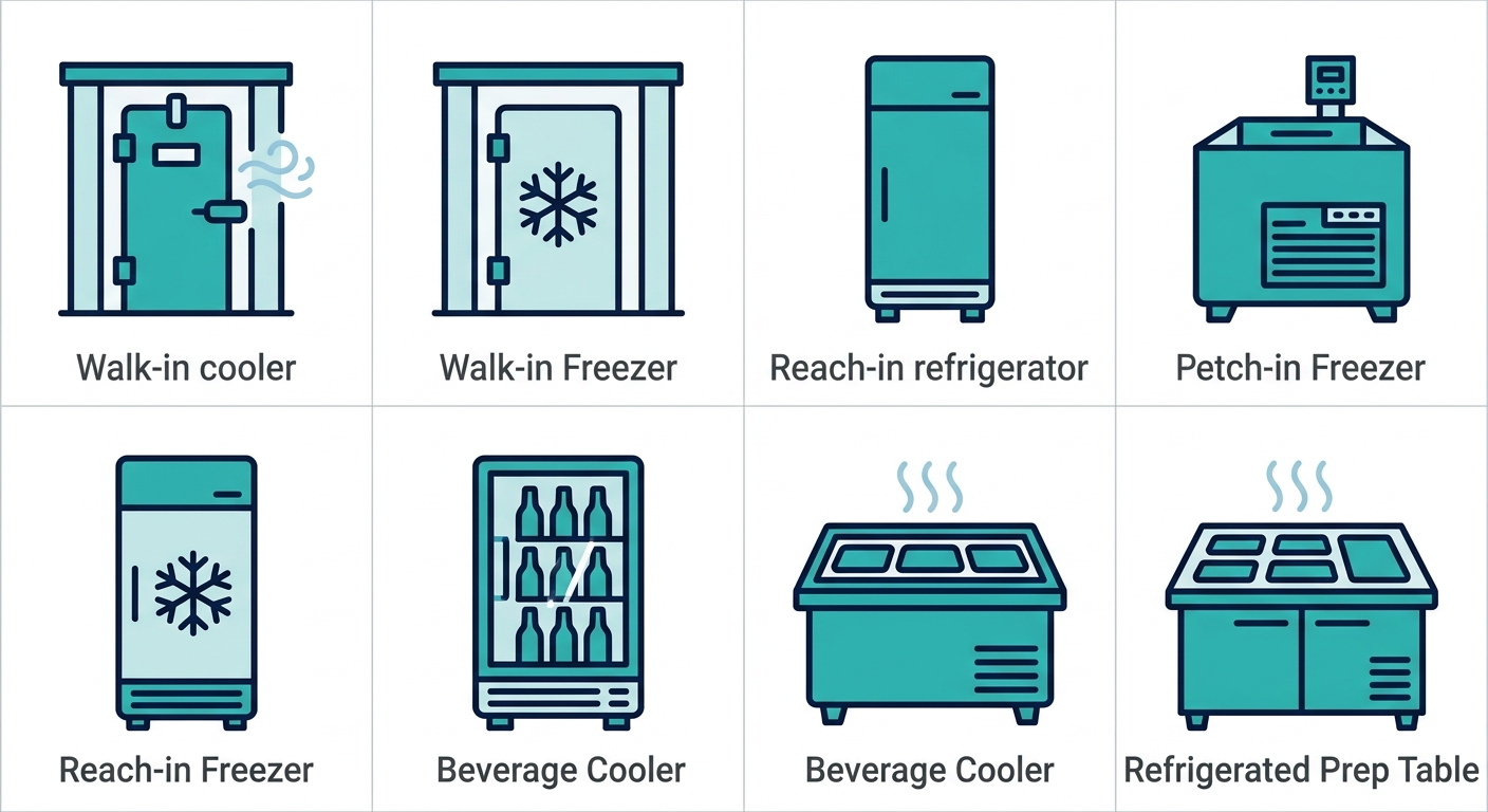 Six icon set showing commercial refrigeration equipment: walk-in cooler, walk-in freezer, reach-in refrigerator, reach-in freezer, beverage cooler, and refrigerated prep table. Professional teal and navy palette.