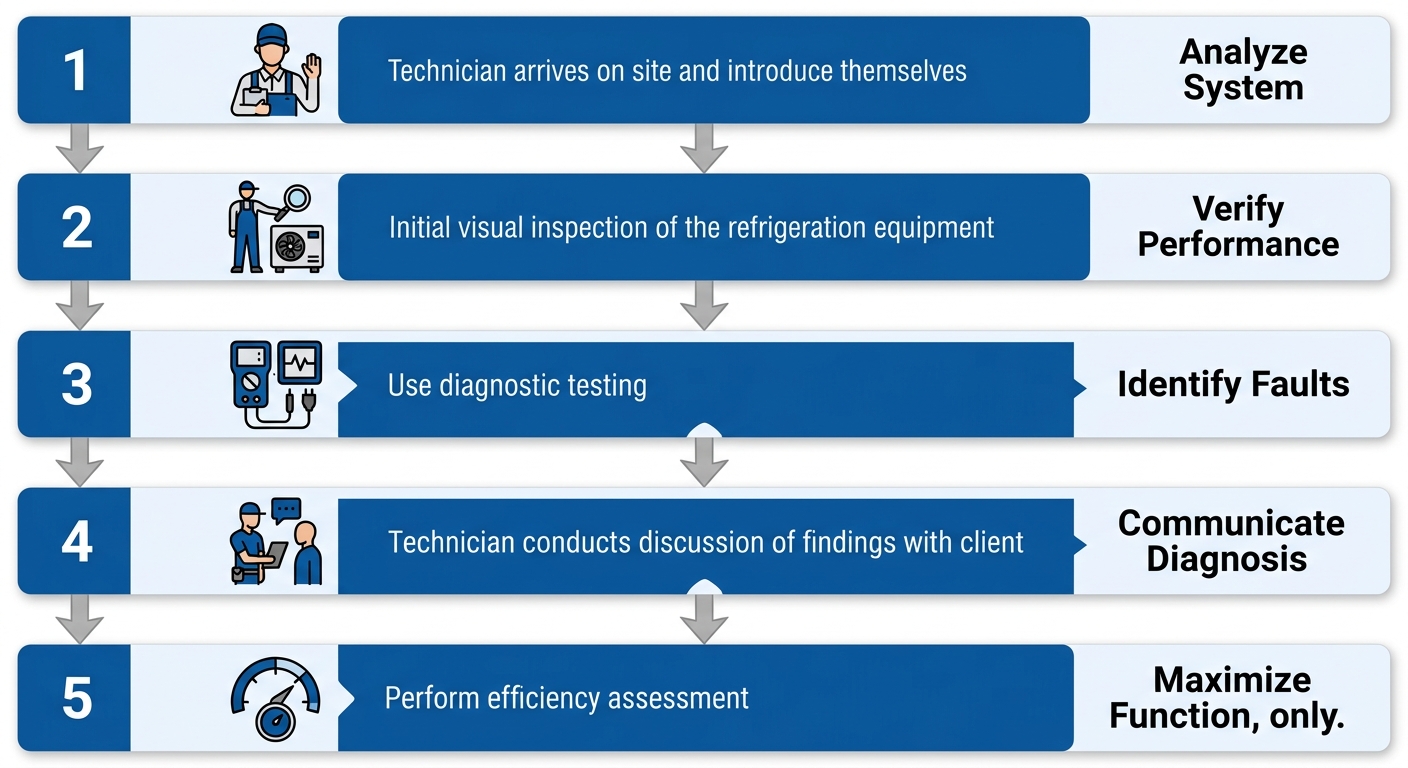Five-step vertical flow chart showing the technician arrival process for commercial refrigeration service call, beginning with arrival and introduction through visual inspection, diagnostic testing, findings discussion, and energy efficiency assessment.