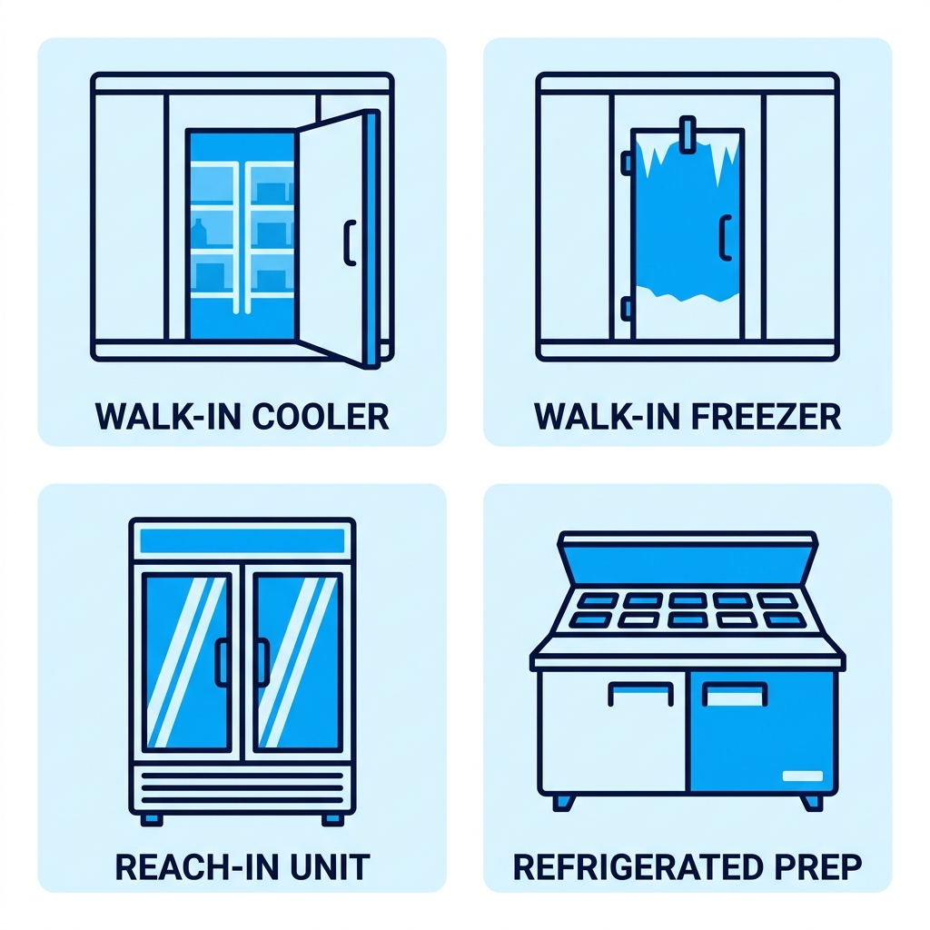 Icon set for commercial refrigeration equipment including walk-in cooler, walk-in freezer, reach-in refrigerator/freezer, and refrigerated prep table.