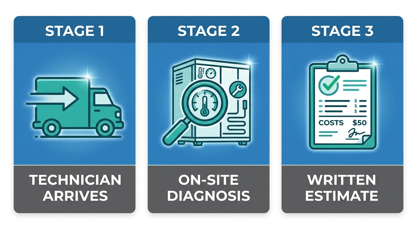 Three-step process diagram showing commercial refrigeration diagnostic workflow: technician arrives, on-site diagnosis, written estimate. Blue and teal color scheme with icons and arrows connecting the steps.