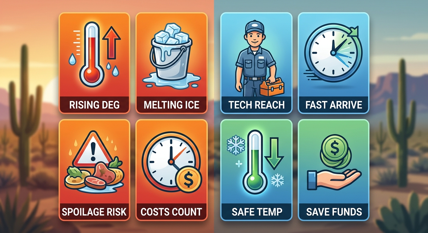 Infographic comparing left side refrigeration emergency consequences (rising temperature, melting ice, spoilage warning, cost impact) with right side professional repair resolution (technician with tools, fast response, safe temperature, dollar savings) set against Phoenix desert background.
