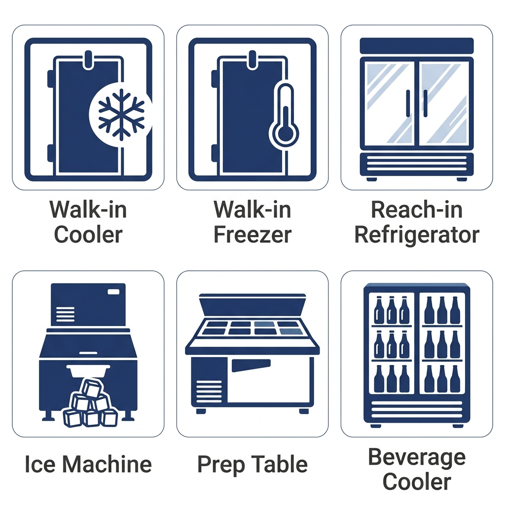 A 3x2 grid of icon representations for commercial refrigeration appliances including walk-in coolers, freezers, reach-in refrigerators, ice machines, prep tables, and beverage coolers, with navy icons on white background.