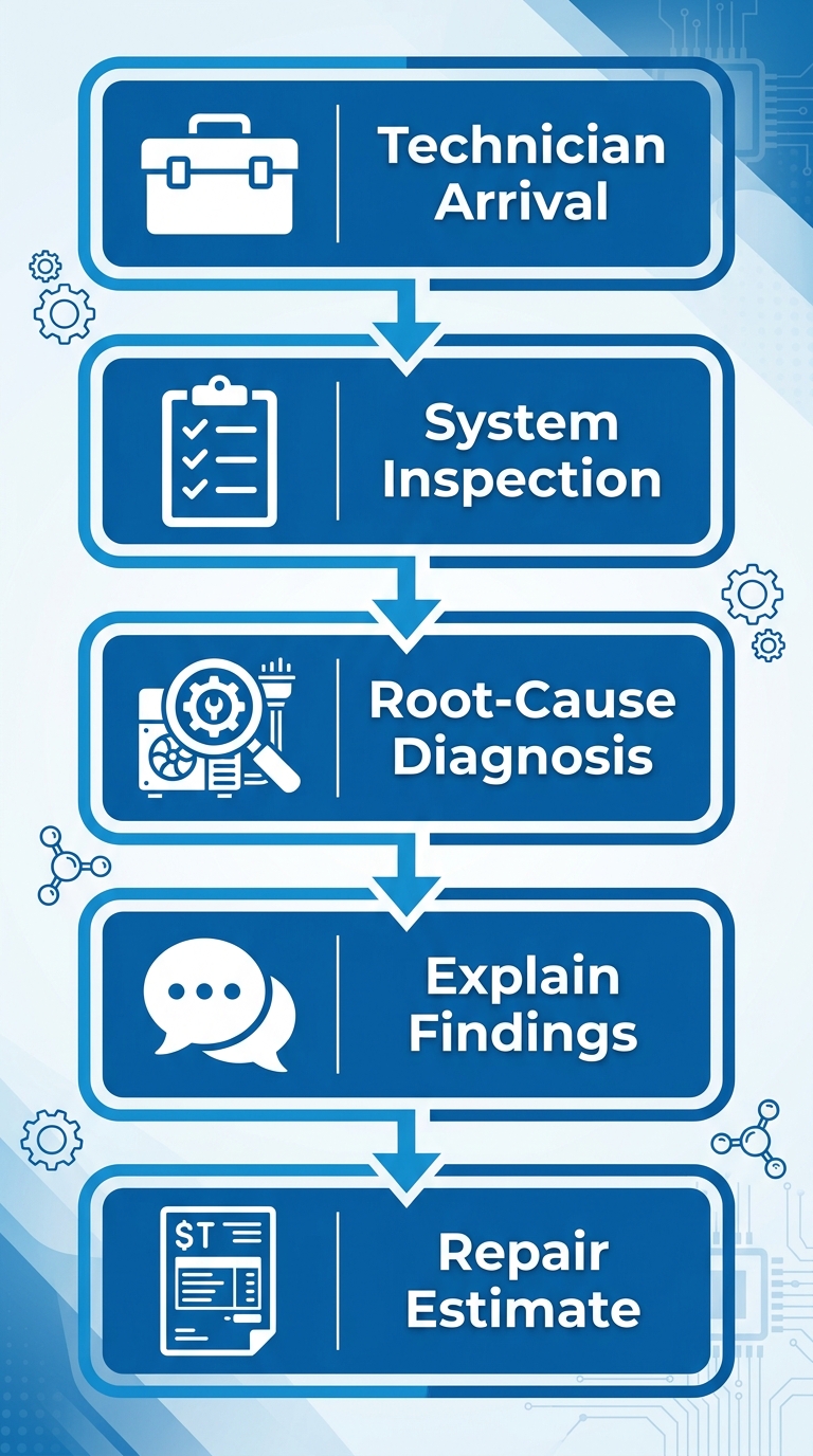 Vertical process flow diagram showing five steps of a commercial refrigeration diagnostic visit: Technician Arrival, System Inspection, Root-Cause Diagnosis, Explain Findings, and Repair Estimate, with blue and white rounded rectangles connected by arrows.