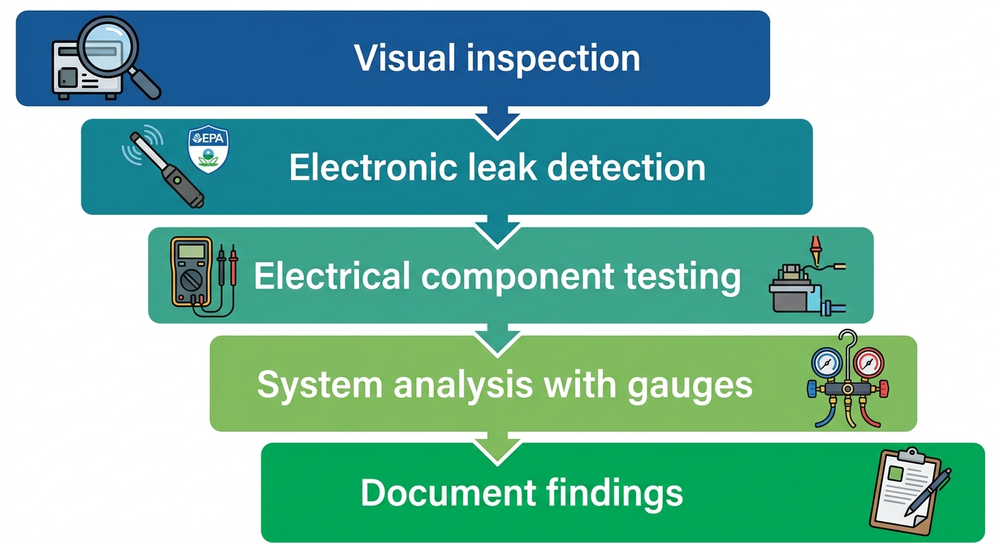 Vertical process flow showing five diagnostic stages for commercial refrigeration repair: visual inspection, electronic leak detection, electrical component testing, system analysis, and documenting findings, at Ice Age Refrigeration.