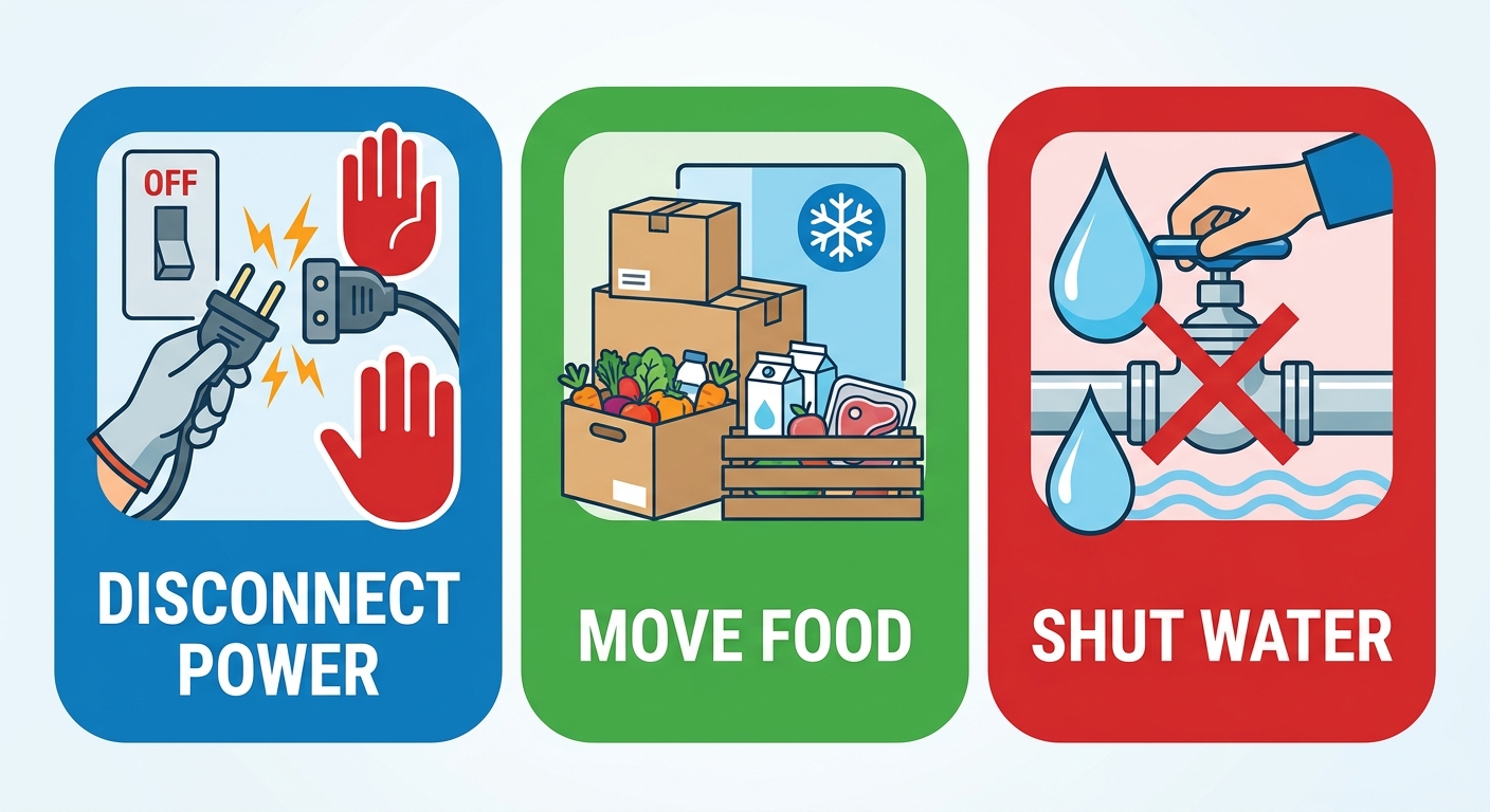 Horizontal process flow with three steps for commercial refrigeration emergencies: Disconnect Power with blue safety icon, Move Food to backup storage with green box icon, and Shut Water supply with red water drop icon. Clean corporate style on light gradient background.