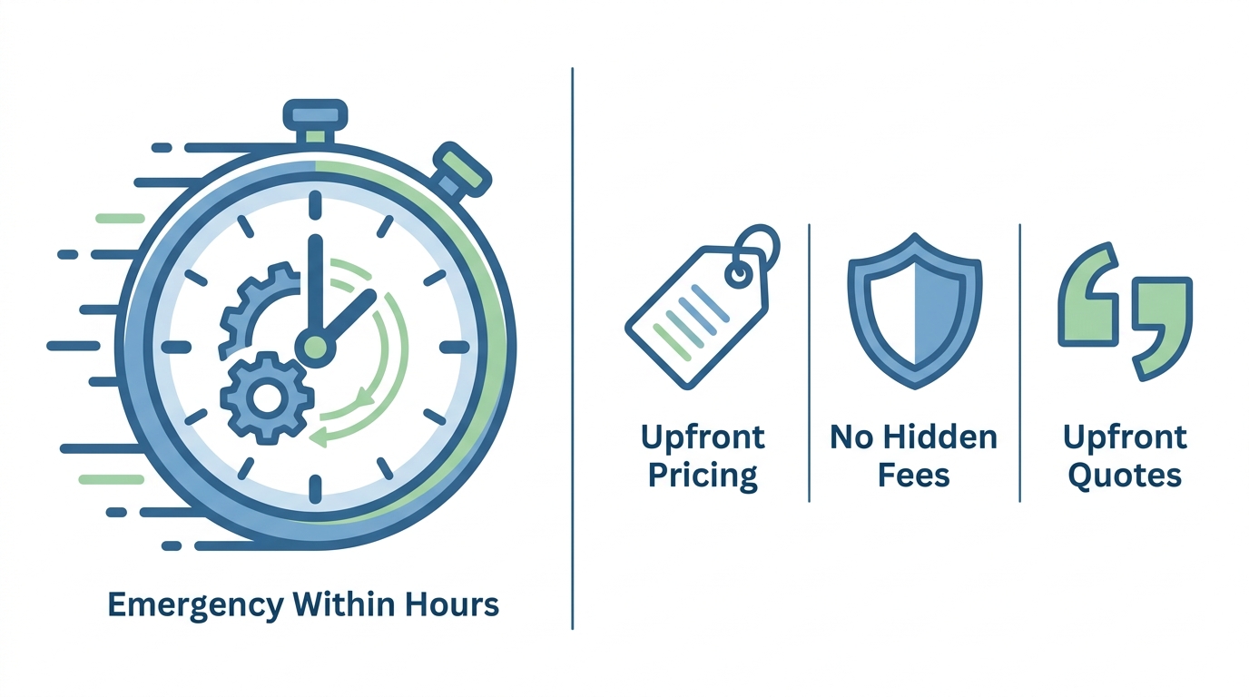 Infographic showing transparent pricing and fast response for commercial appliance repair in Phoenix, with a clock icon for emergency response and three commitment icons for upfront pricing, no hidden fees, and upfront quotes.