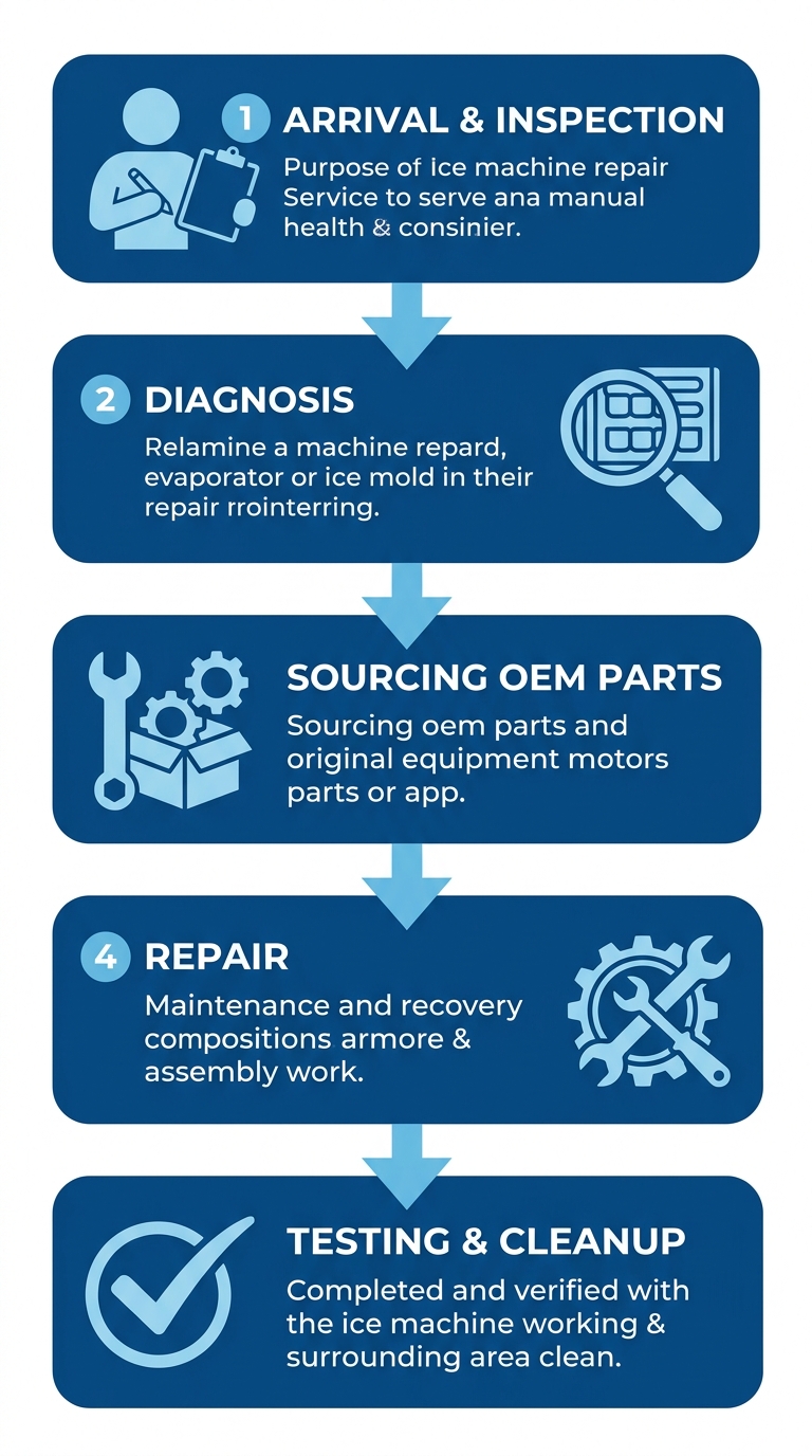 Vertical process flow showing five stages of ice machine repair at Ice Age Refrigeration: Arrival and Inspection, Diagnosis, Sourcing OEM Parts, Repair, and Testing and Cleanup, each with icons and connected by downward arrows.