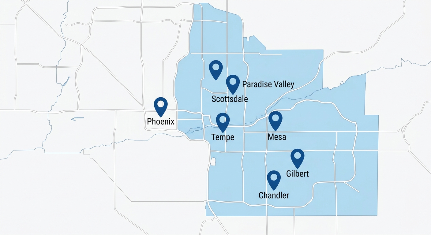 Stylized infographic map of Phoenix Metro area showing seven East Valley cities with location pins and a shaded service region on a white background.