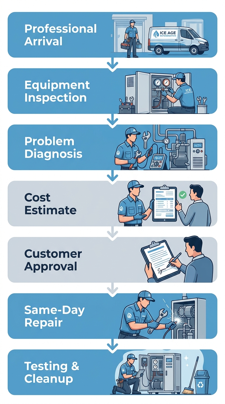 Vertical process flow diagram showing seven stages of Ice Age Refrigeration technician service for Tempe businesses, from professional arrival to testing and cleanup, with blue and gray color scheme and arrow connections.