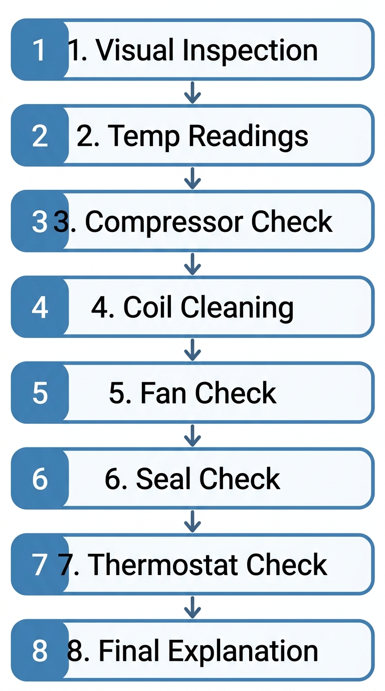 Vertical process flow diagram showing eight diagnostic steps for True refrigerator repair: Visual Inspection, Temp Readings, Compressor Check, Coil Cleaning, Fan Check, Seal Check, Thermostat Check, and Final Explanation, connected by downward arrows in blue and white palette.