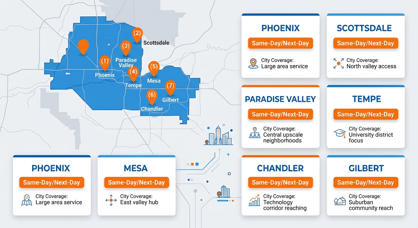 Simplified map of Phoenix metro area with location pins for seven cities, below a three-column grid listing each city with response time and coverage note, using orange and blue brand colors.