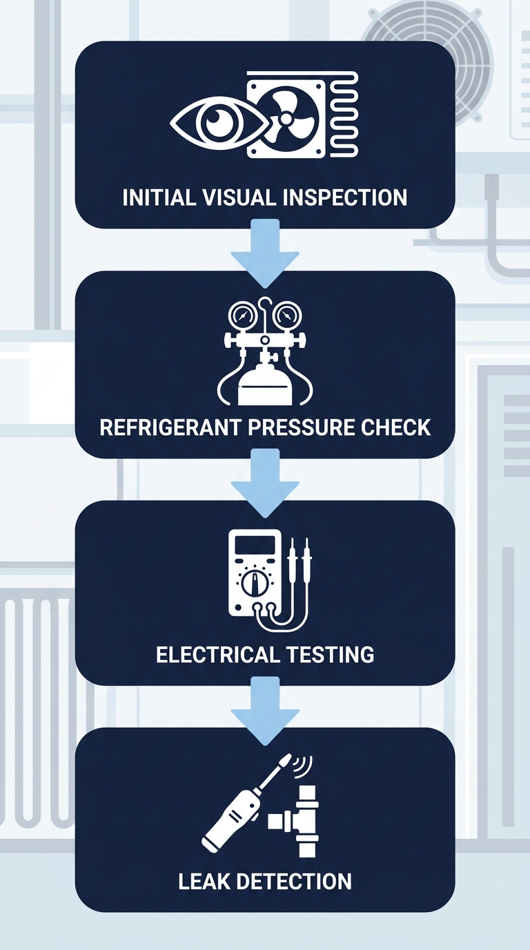 Vertical process flow diagram showing four diagnostic stages for walk-in cooler and freezer repairs: initial visual inspection, refrigerant pressure check, electrical testing, and leak detection, with tool icons on dark navy backgrounds connected by light blue arrows.