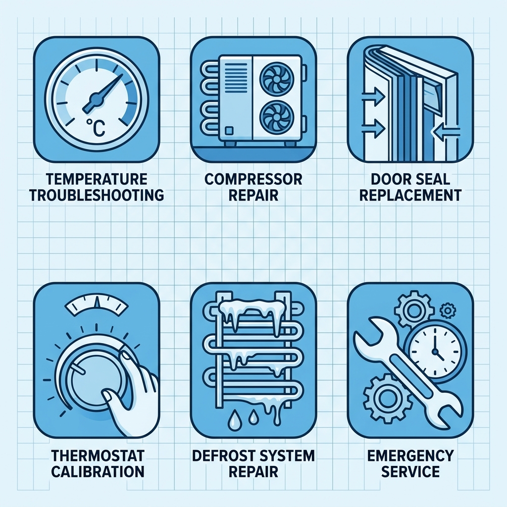 A 2x3 grid of flat icons representing commercial walk-in cooler and freezer services in Chandler: temperature troubleshooting, compressor repair, door seal replacement, thermostat calibration, defrost system repair, and emergency service. Cool blue and white color scheme on a subtle grid background.