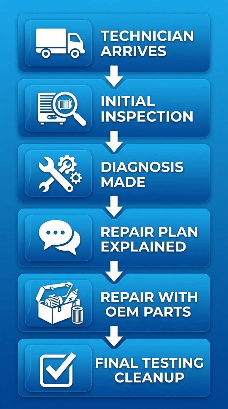 Vertical process flow showing six steps of a technician visit: arrival, inspection, diagnosis, explanation, repair with OEM parts, and final testing for commercial refrigeration service in Scottsdale.