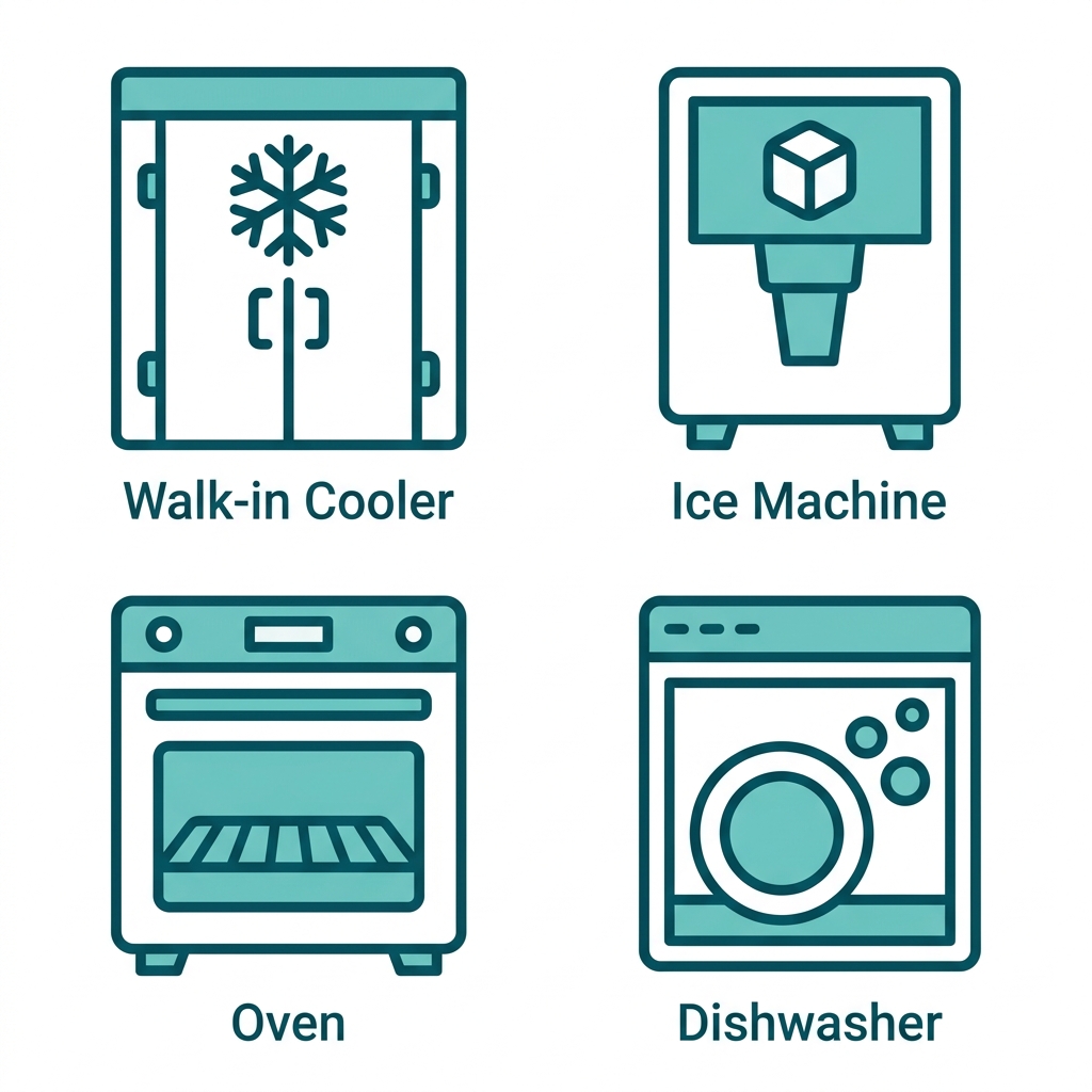 Set of four outlined icons representing emergency commercial repair services in Scottsdale: walk-in cooler, ice machine, oven, and dishwasher with teal colored strokes on white background.