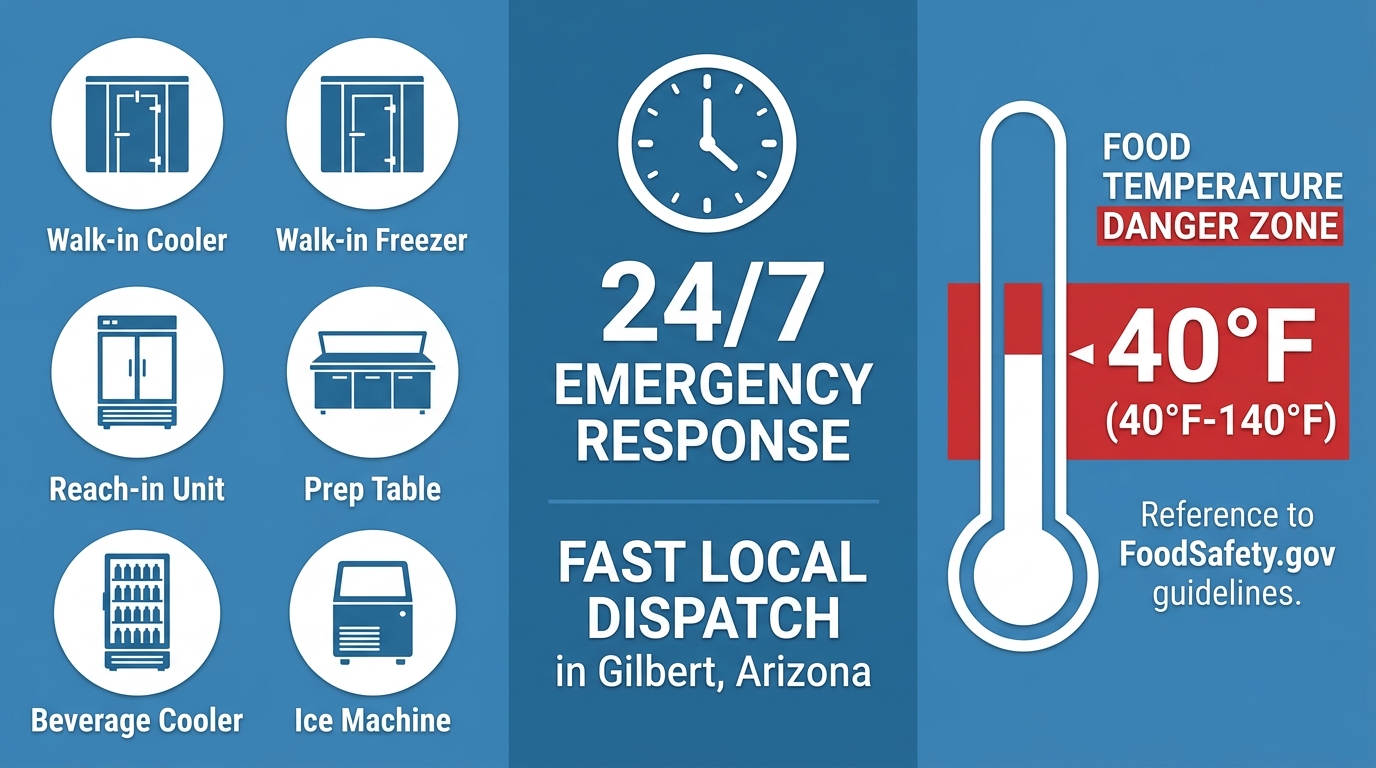 Infographic showing three columns: six equipment icons for commercial refrigeration, a 24/7 emergency clock icon, and a 40°F temperature danger zone warning relevant to Gilbert, Arizona food safety.
