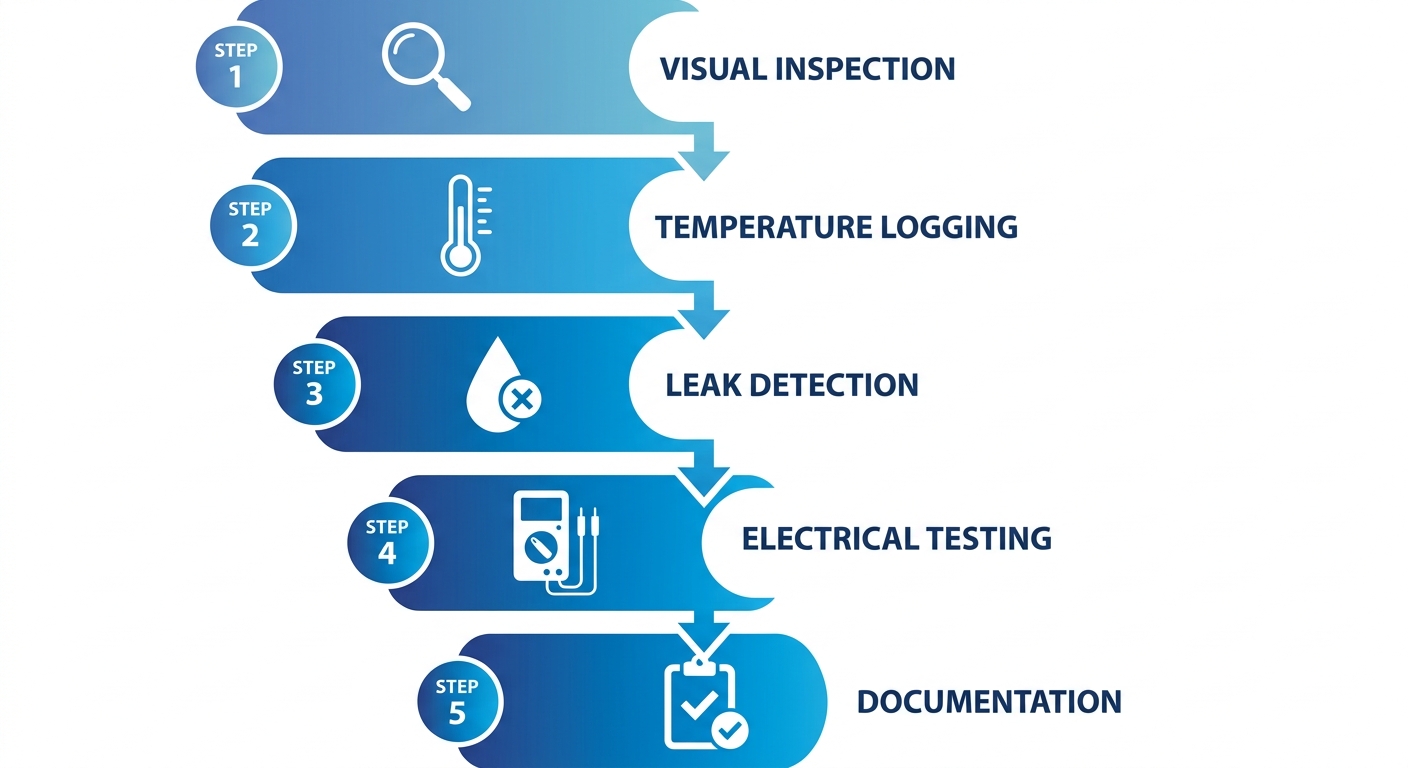 Vertical process flow diagram of five-step commercial refrigeration diagnostics: visual inspection, temperature logging, leak detection, electrical testing, and documentation, with numbered steps and downward arrows.