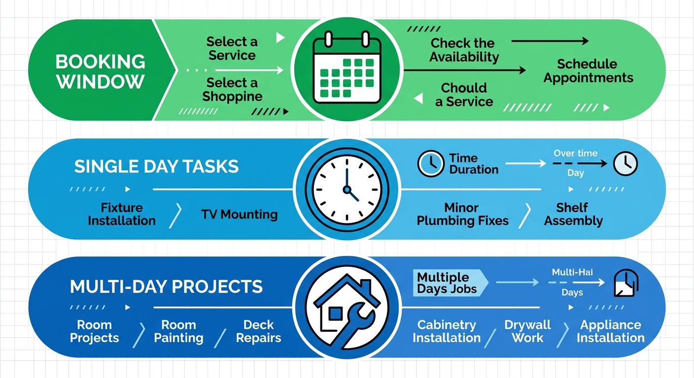 Vertical timeline diagram showing three phases of booking and completing handyman services in Seattle: booking window, single-day tasks, and multi-day projects.