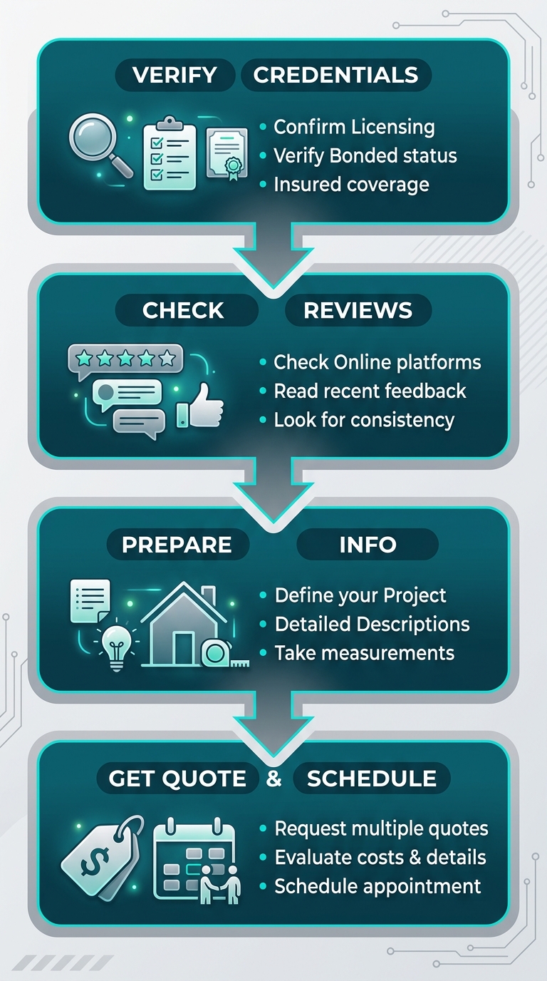 Vertical process flow of four steps to hire a handyman in Seattle, showing credential verification, reviews, project info, and scheduling.
