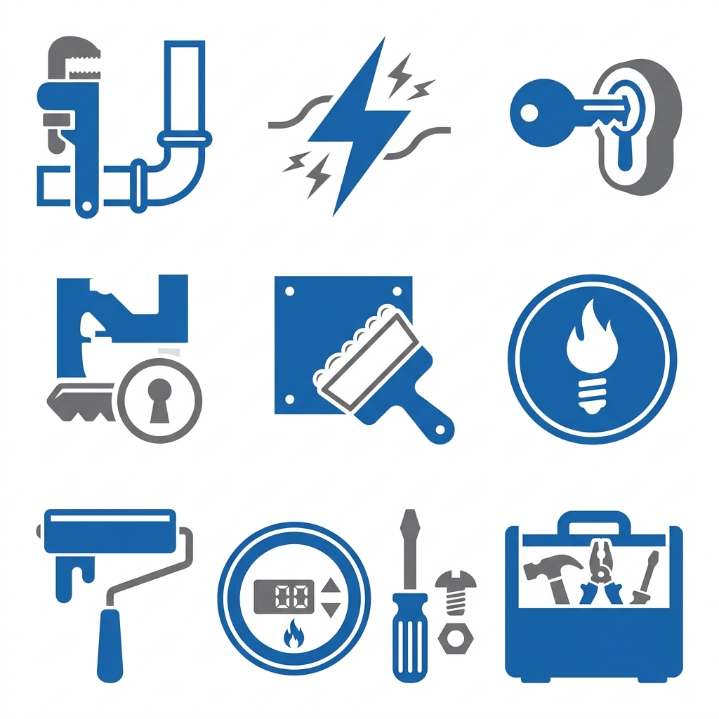 A grid of 8 flat-style icons representing handyman services including plumbing, electrical, locks, drywall, painting, HVAC, assembly, and general maintenance, in blue and gray on white.