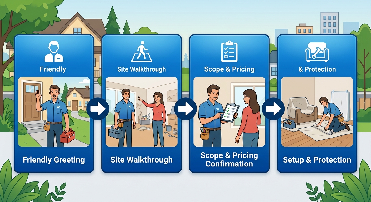 Four-step process flow showing handyman arrival steps: friendly greeting, site walkthrough, scope and pricing confirmation, setup and protection.