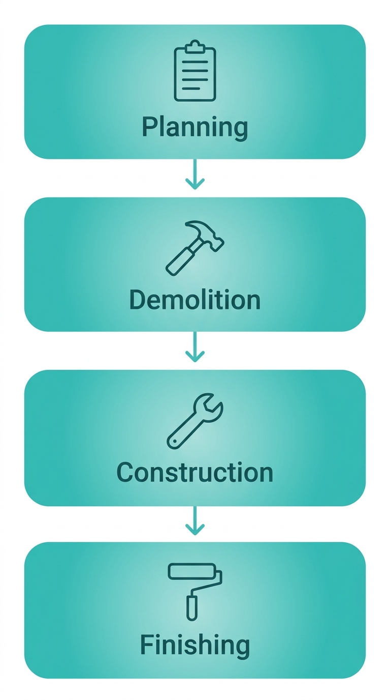 Vertical process flow for bathroom remodel: Planning, Demolition, Construction, and Finishing phases with icons.