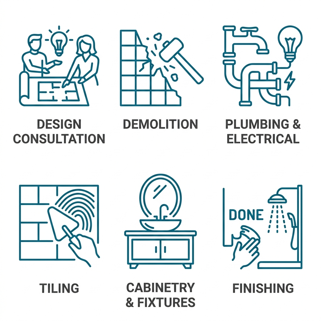 Set of six outline icons for bathroom remodeling services including design consultation, demolition, plumbing and electrical, tiling, cabinetry and fixtures, and finishing.