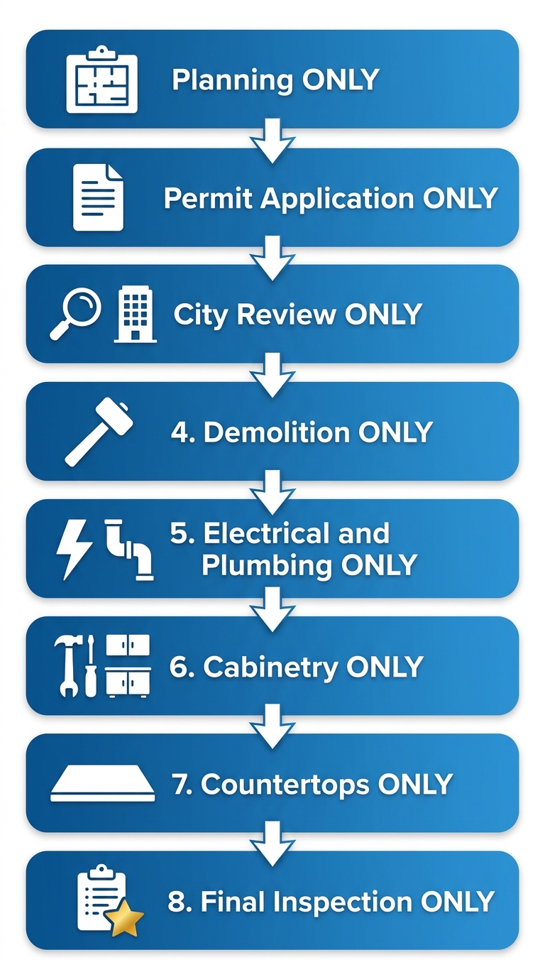 Vertical process flow diagram showing eight stages of a kitchen remodel permit and construction timeline, with white icons on blue gradient rounded rectangles connected by arrows.