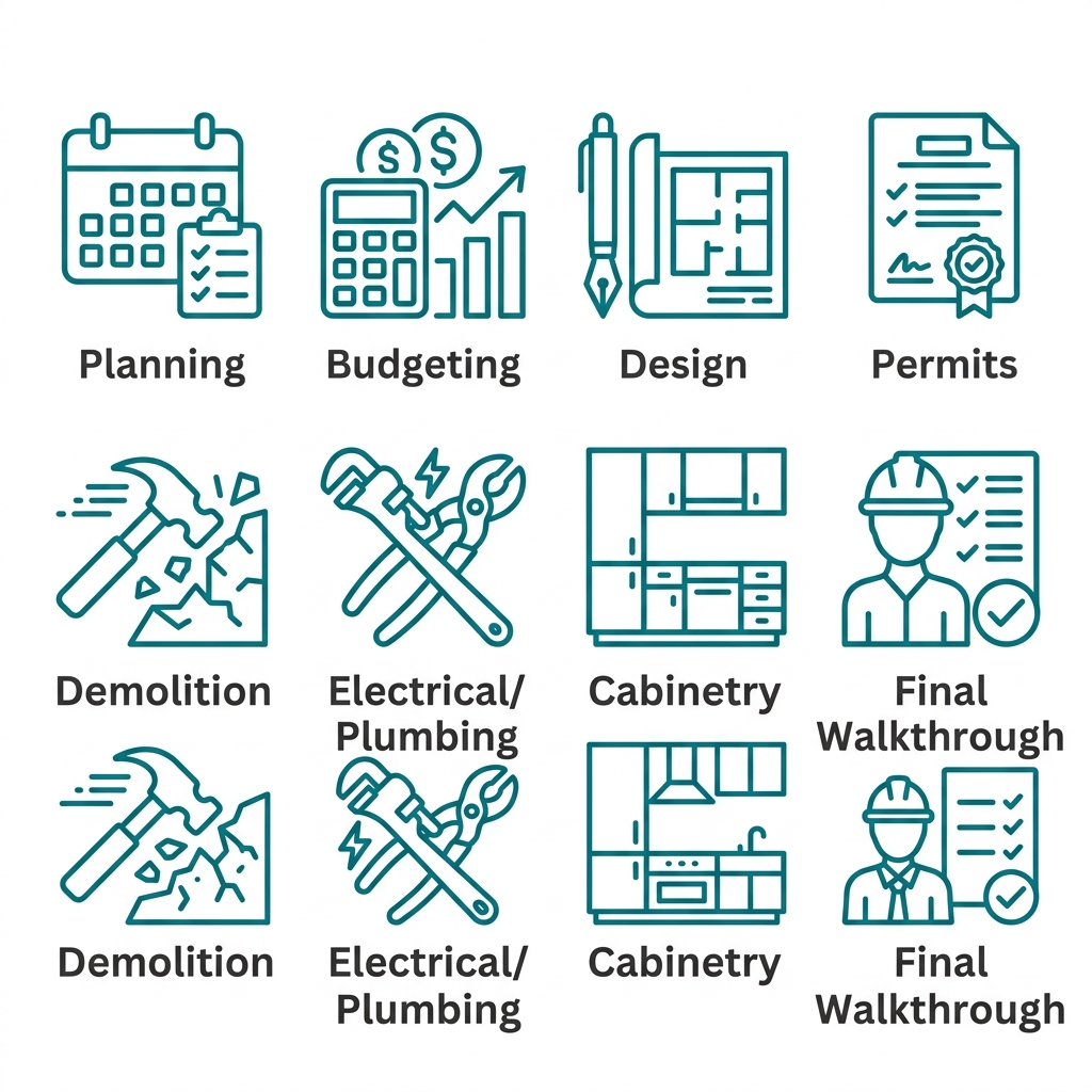 Icon set showing eight steps of a kitchen remodel checklist including planning, budgeting, design, permits, demolition, electrical and plumbing, cabinetry, and final walkthrough.