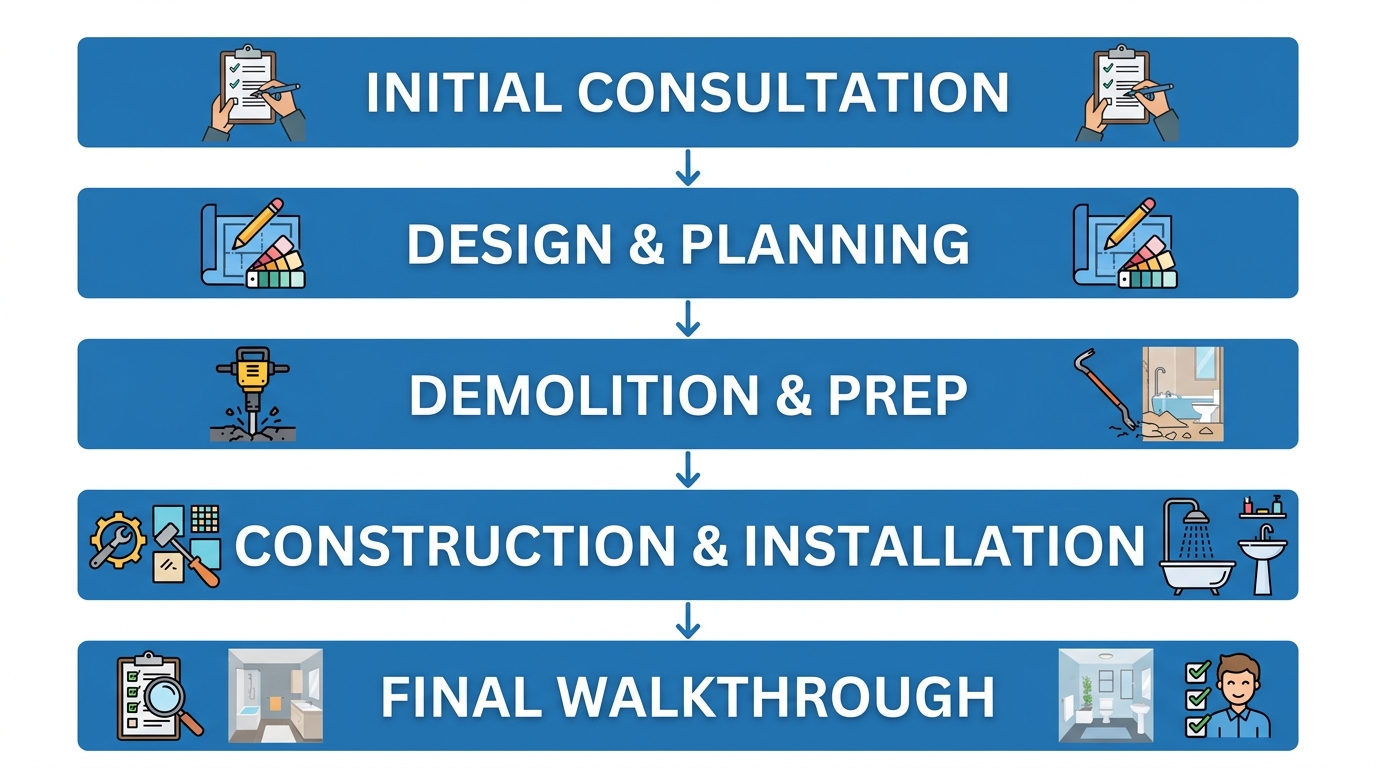 Vertical process flow diagram of Handyman on the Run's bathroom remodeling process for Redmond homeowners, showing five stages from initial consultation to final walkthrough.
