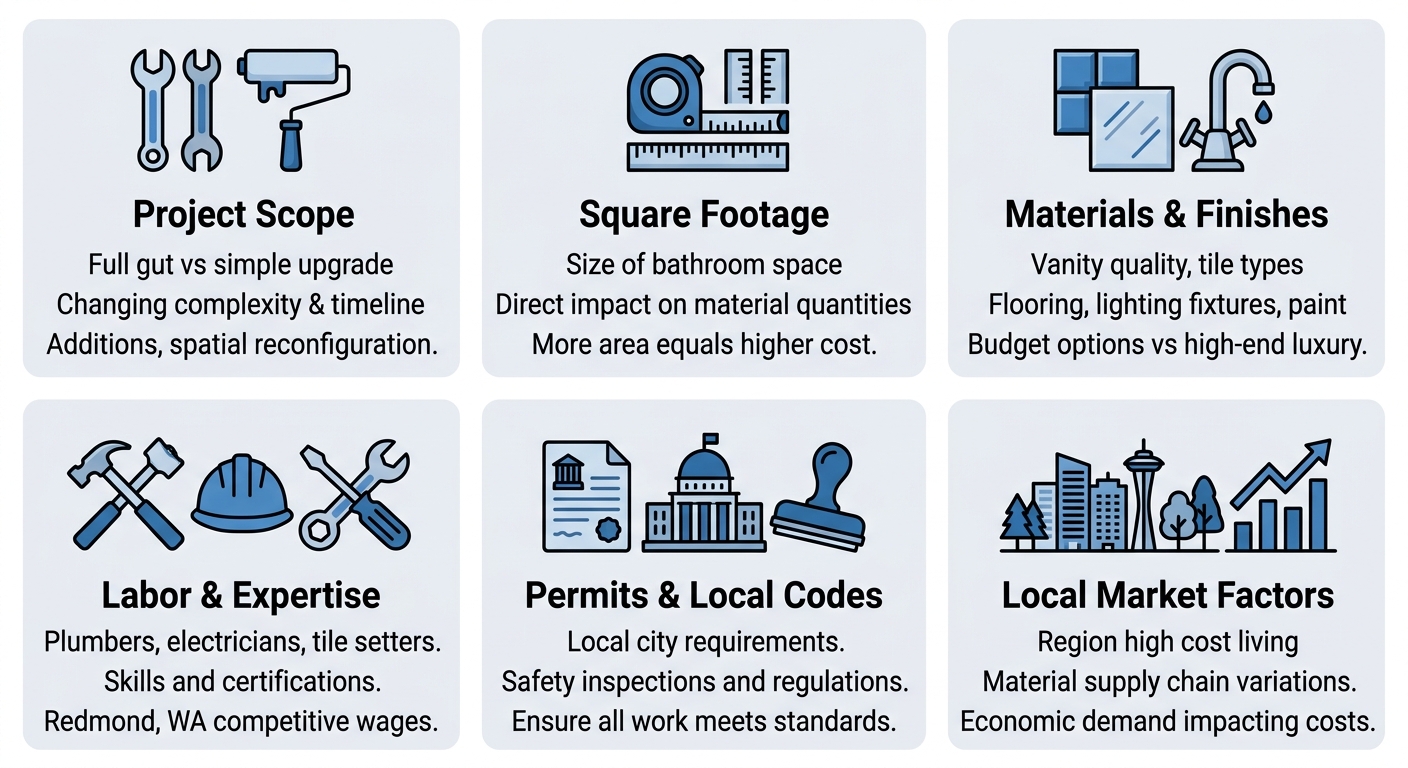 Infographic showing factors affecting bathroom remodeling costs in Redmond, WA