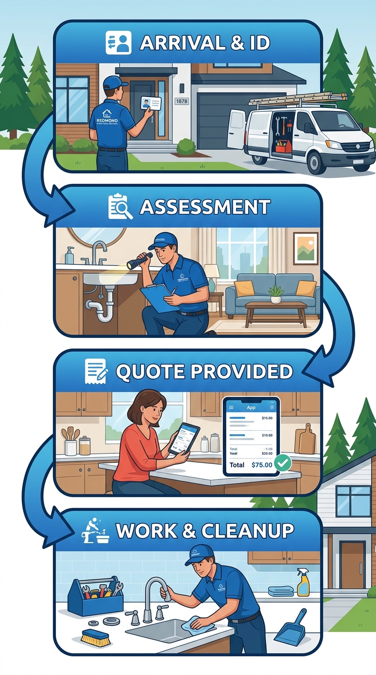 Handyman service process flow showing four steps: arrival and identification, assessment, transparent quote, and work completion and cleanup.