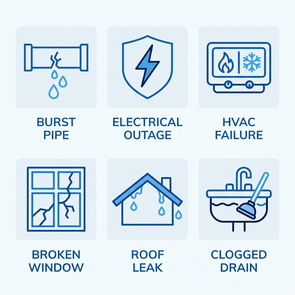 Grid of 6 outline icons in blue tones representing urgent repair services: burst pipe, electrical outage, HVAC failure, broken window, roof leak, and clogged drain, each with a short text label.