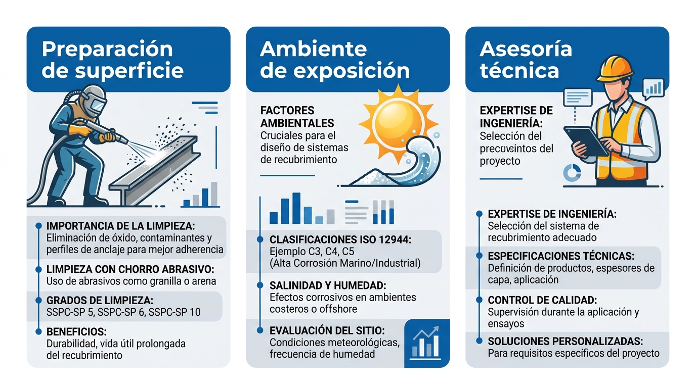 Infografía con tres bloques que muestran preparación de superficie, ambiente de exposición y asesoría técnica para elegir el sistema de recubrimiento adecuado.