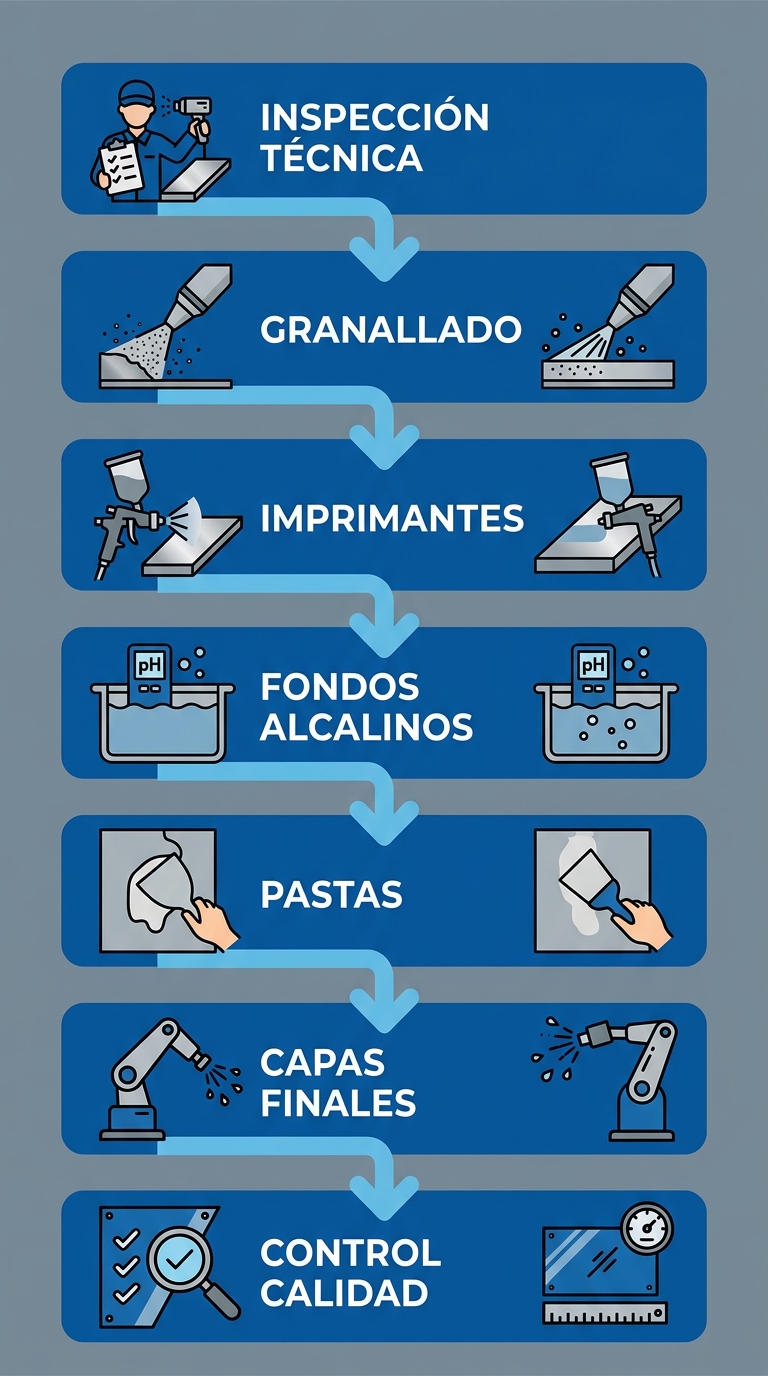 Diagrama de flujo vertical que muestra las 7 etapas del proceso de pintura y recubrimiento: inspección técnica, granallado, imprimantes, fondos alcalinos, pastas, capas finales y control de calidad.