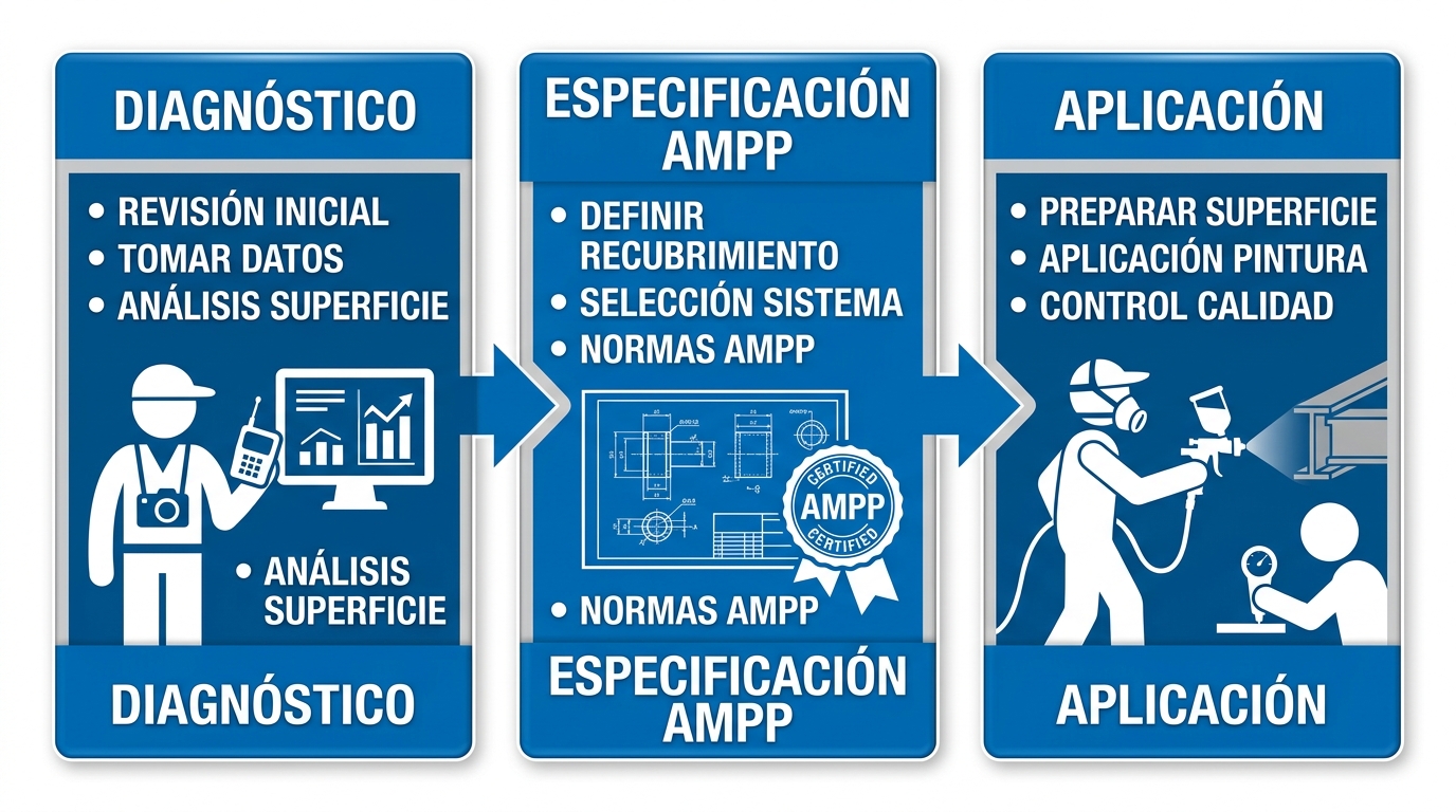 Diagrama del proceso de trabajo de El Mundo del Color con tres etapas: Diagnóstico, Especificación y Aplicación, utilizando colores corporativos.